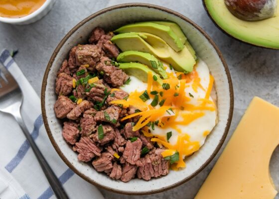 Beef and Avocado Breakfast Bowl with Cheese