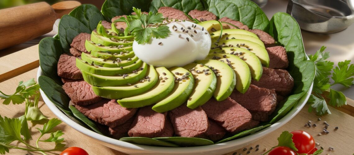 Beef and Avocado Breakfast Bowl with Spinach