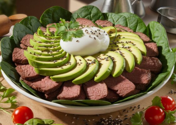 Beef and Avocado Breakfast Bowl with Spinach