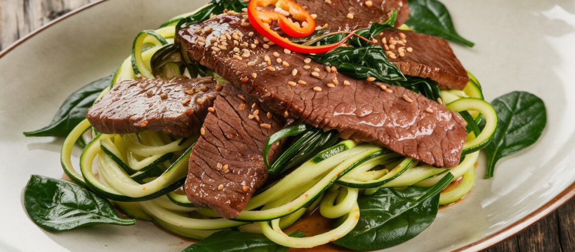 Beef and Zoodle Stir-Fry with Spinach