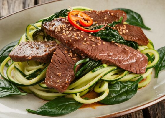 Beef and Zoodle Stir-Fry with Spinach