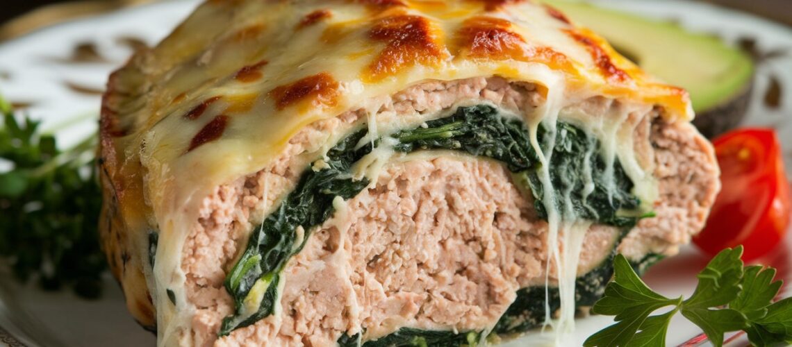 Cheesy Spinach Stuffed Chicken Meatloaf