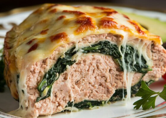 Cheesy Spinach Stuffed Chicken Meatloaf