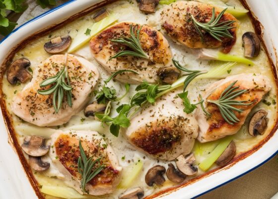 Creamy Mushroom and Leek Chicken Bake