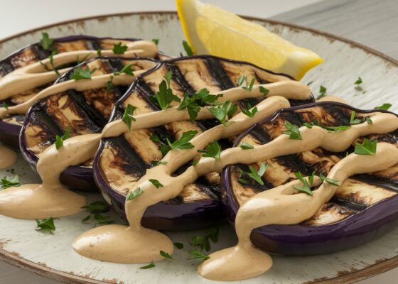 Grilled Eggplant with Lemon Tahini Sauce