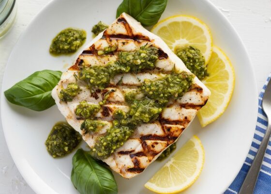 Grilled Halibut with Basil Pesto