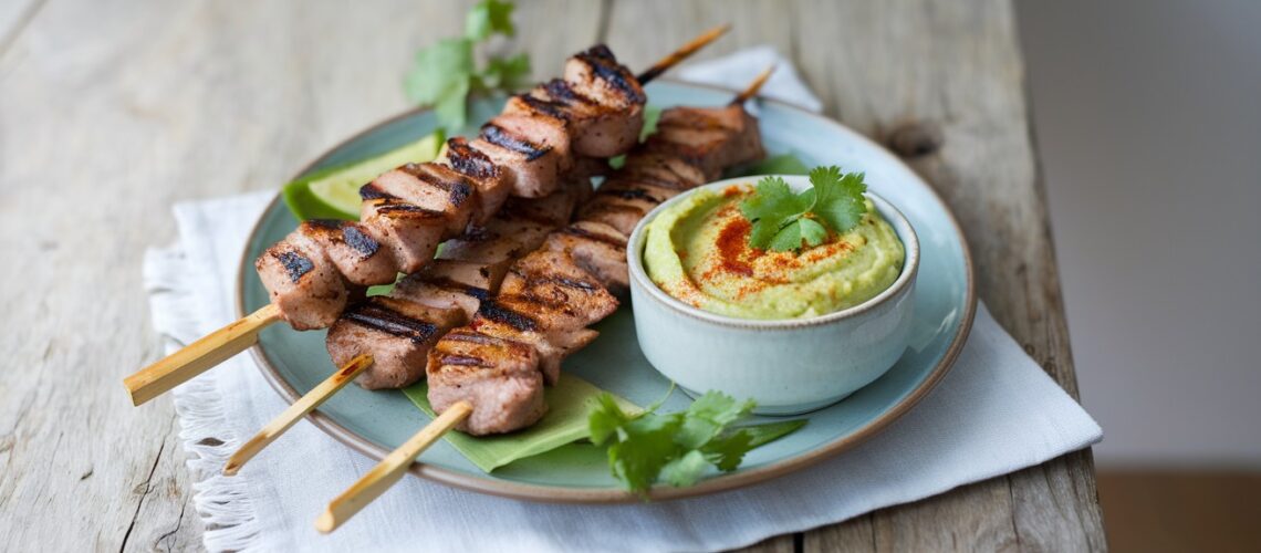 Grilled Pork Skewers with Avocado Dip