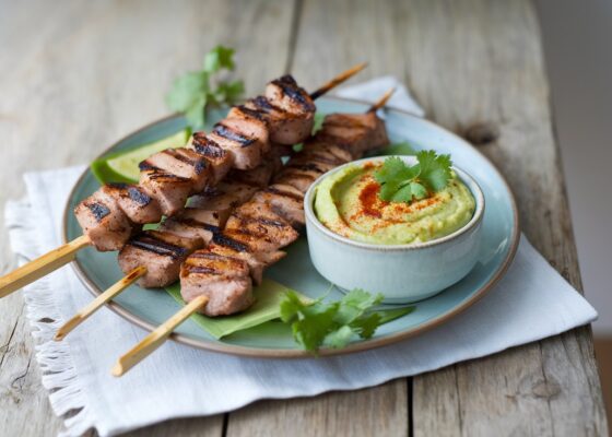 Grilled Pork Skewers with Avocado Dip