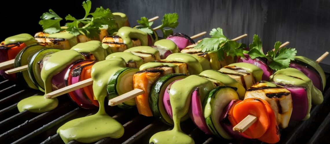 Grilled Vegetable Skewers with Avocado Dressing