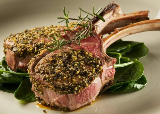 Herb-Crusted Lamb Chops with Spinach