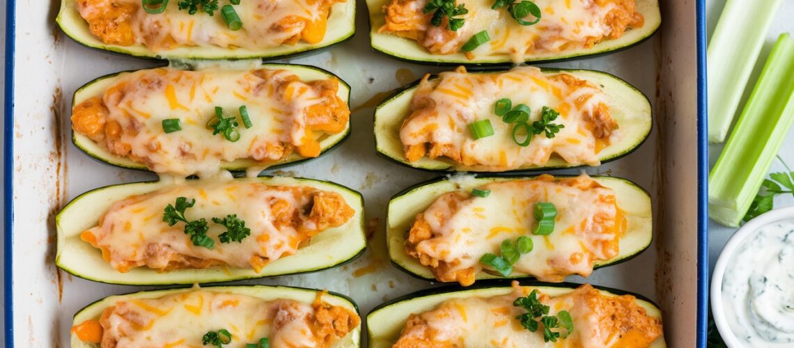 Keto Buffalo Chicken Stuffed Zucchini Boats