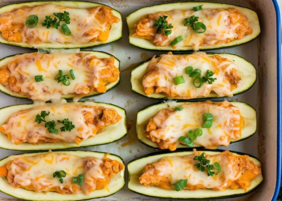 Keto Buffalo Chicken Stuffed Zucchini Boats