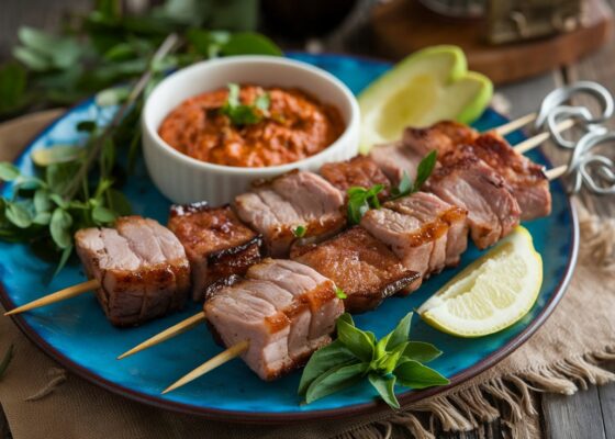 Pork Belly Skewers with Spicy Dip