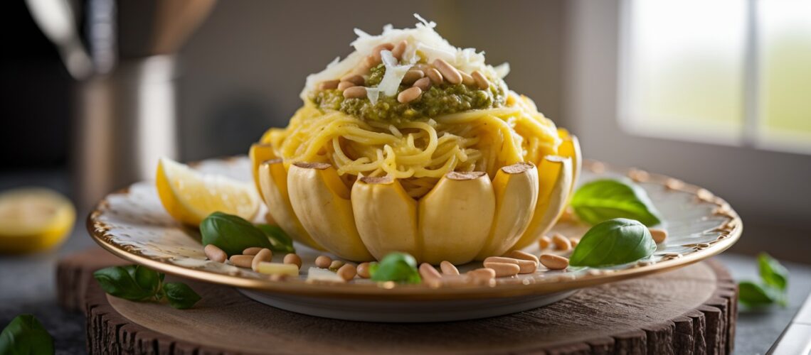 Spaghetti Squash with Pesto & Pine Nuts