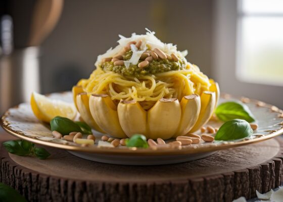 Spaghetti Squash with Pesto & Pine Nuts