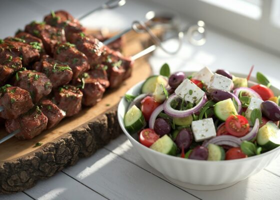 Spicy Lamb Skewers with Greek Salad