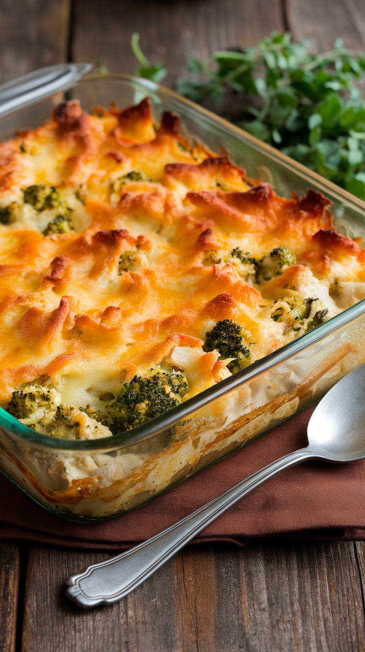 Cheesy broccoli and chicken casserole in a glass dish, golden on top, with chunks of chicken and broccoli.