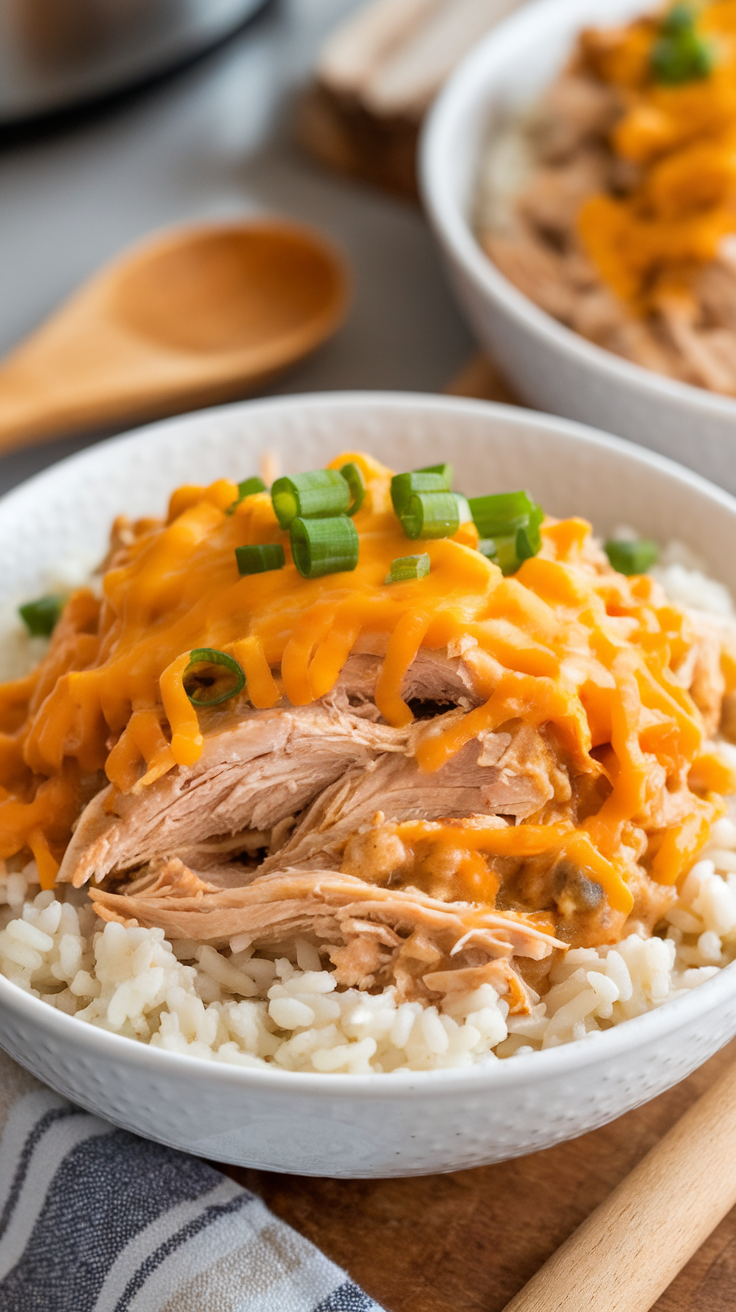 Creamy crockpot crack chicken served over rice, garnished with green onions, in a warm kitchen setting.