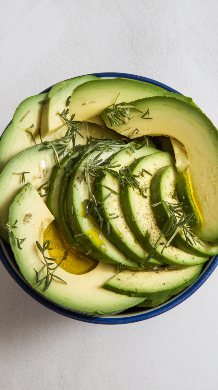 A bowl of sliced avocado and cucumber garnished with herbs