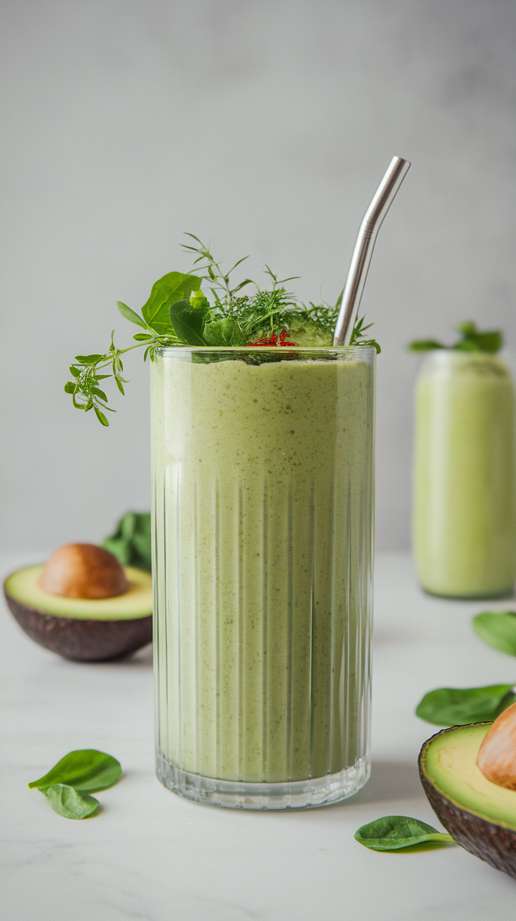 A creamy green smoothie made with avocado and spinach in a tall glass, garnished with greens.