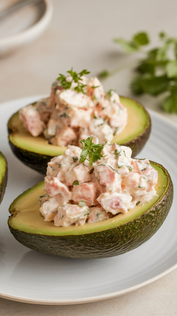 Avocado chicken salad served in avocado halves, garnished with fresh herbs.