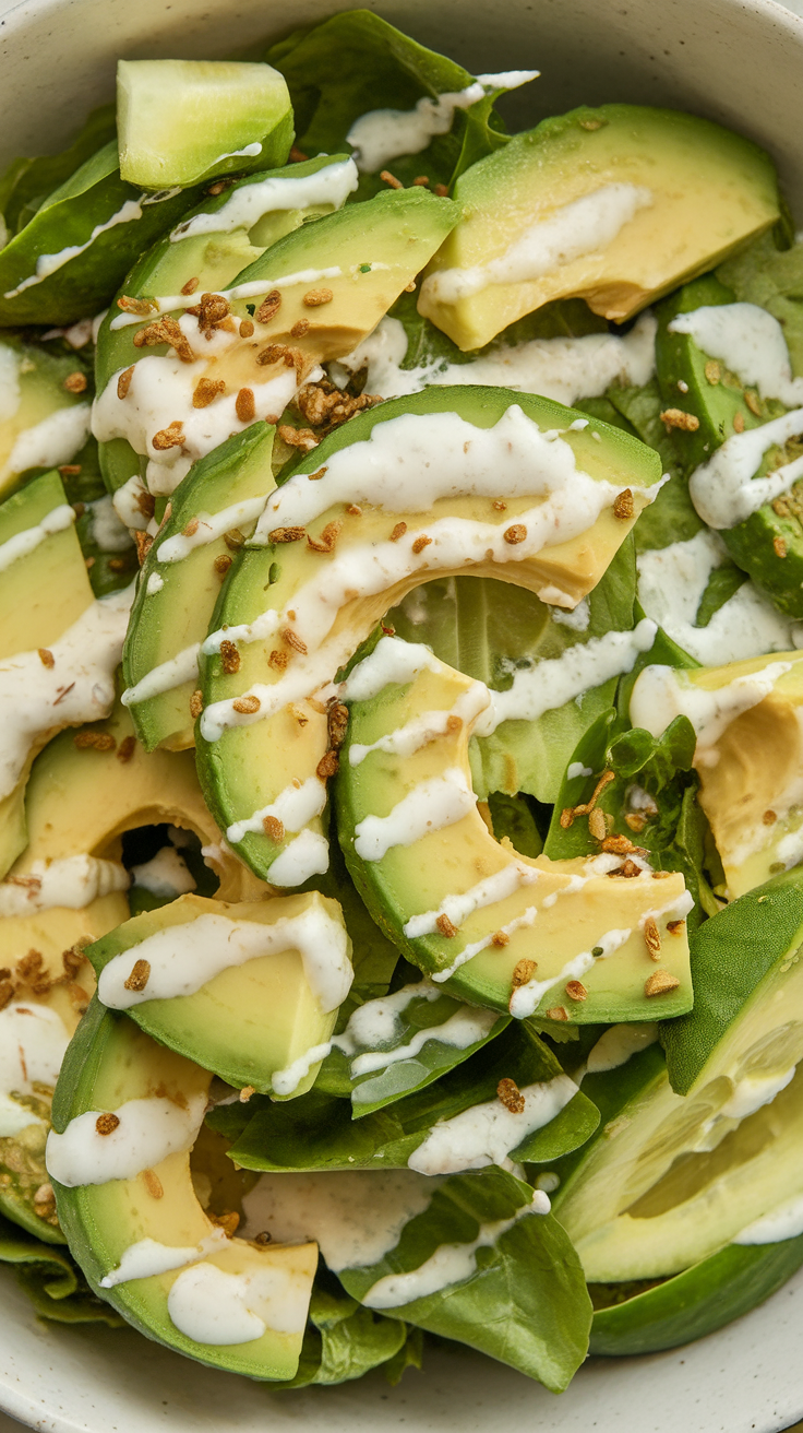 A bowl of avocado cucumber salad with a creamy dressing.