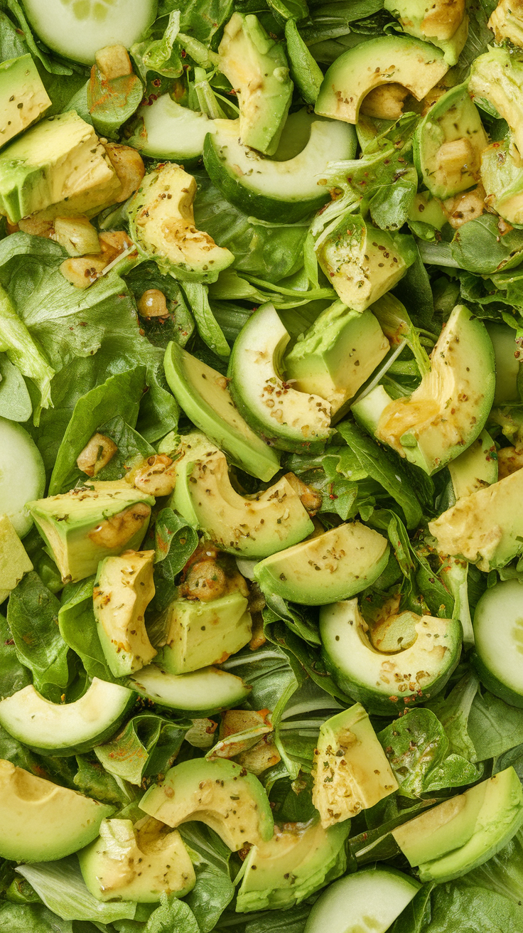 A vibrant avocado cucumber salad featuring greens and a lemon dressing