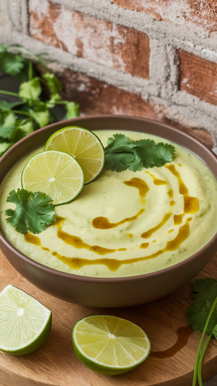 Creamy avocado soup topped with lime slices and cilantro