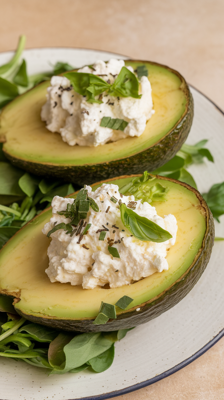 Two avocado halves stuffed with creamy vegan cheese and garnished with herbs on a plate with greens.