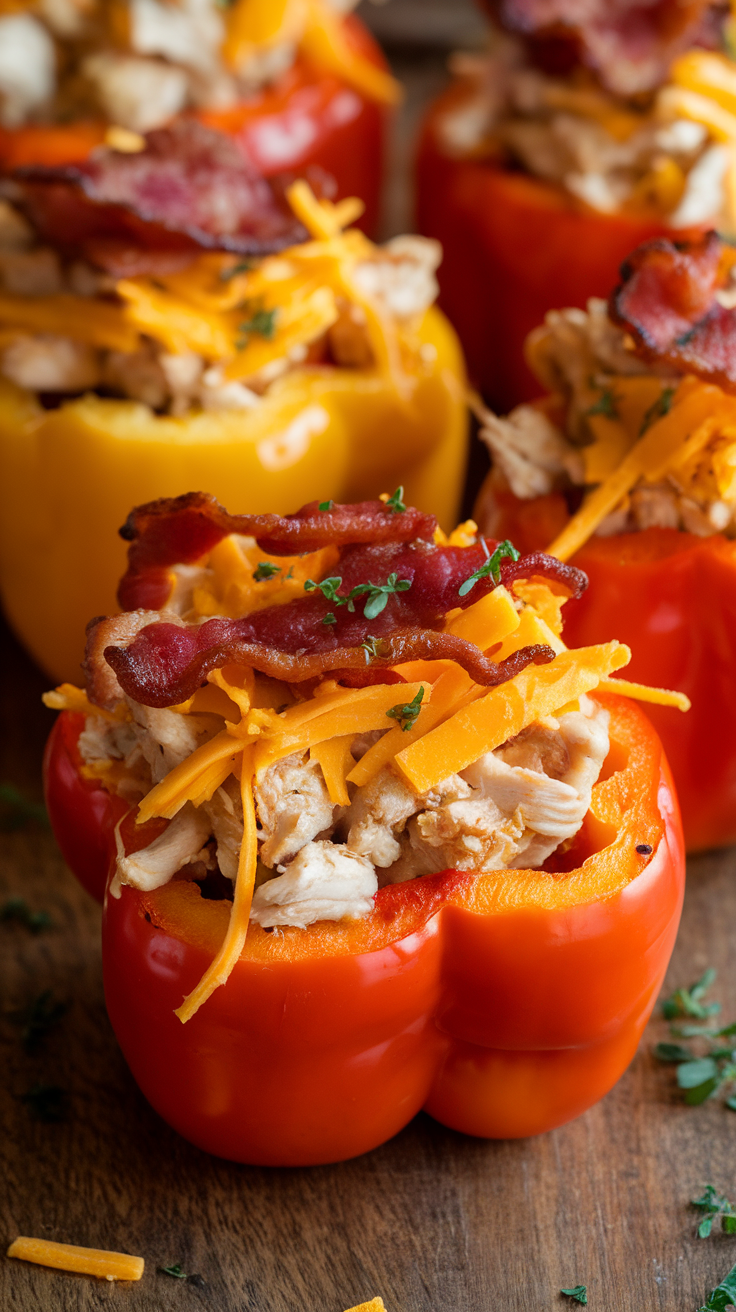 Close-up of bacon and cheese stuffed bell peppers on a wooden surface