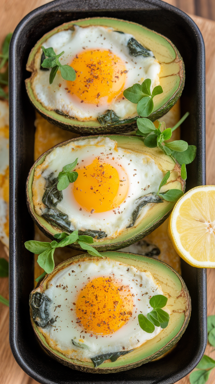 Baked avocado eggs with spinach topped with herbs and lemon slice