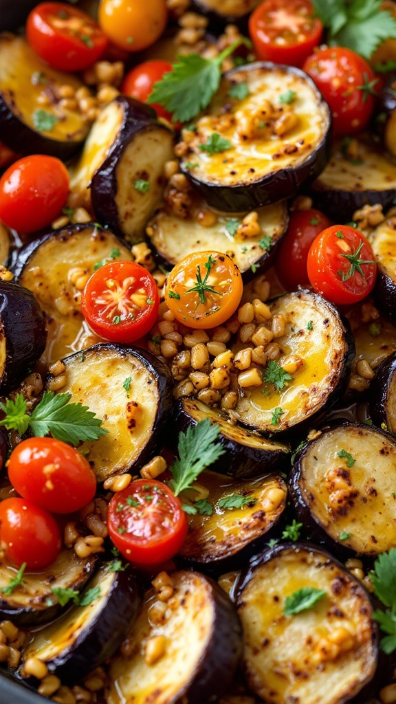 A close-up of baked feta cheese with cherry tomatoes and herbs.