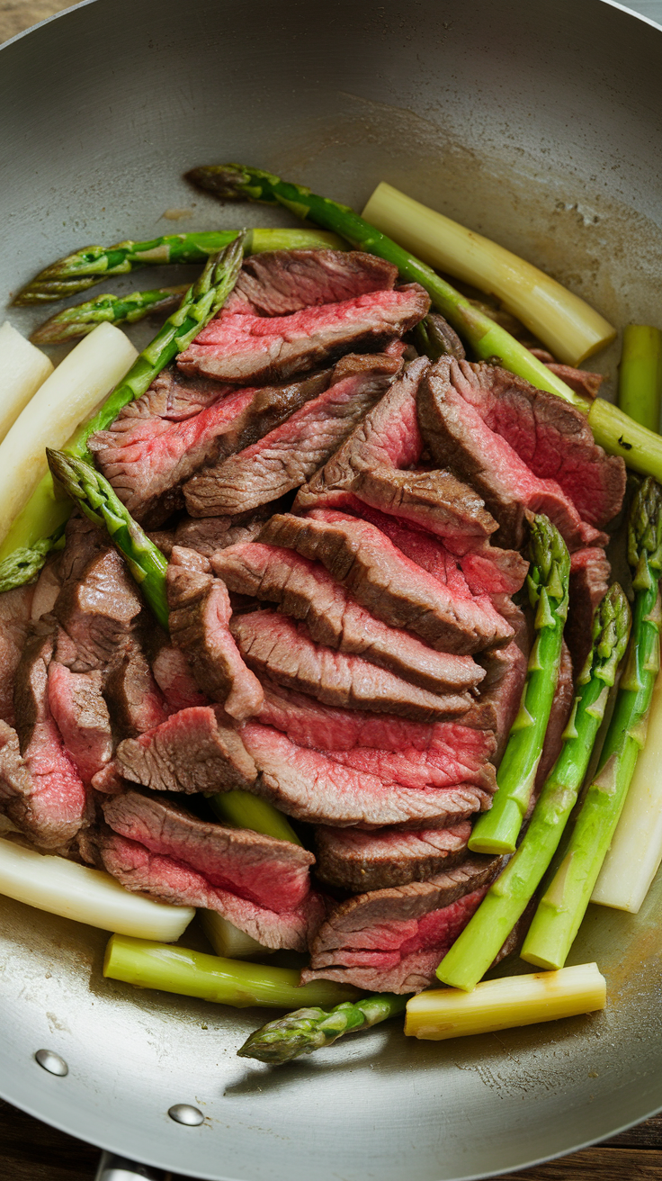 Beef and asparagus stir-fry in a wok, showcasing sliced beef and fresh asparagus.