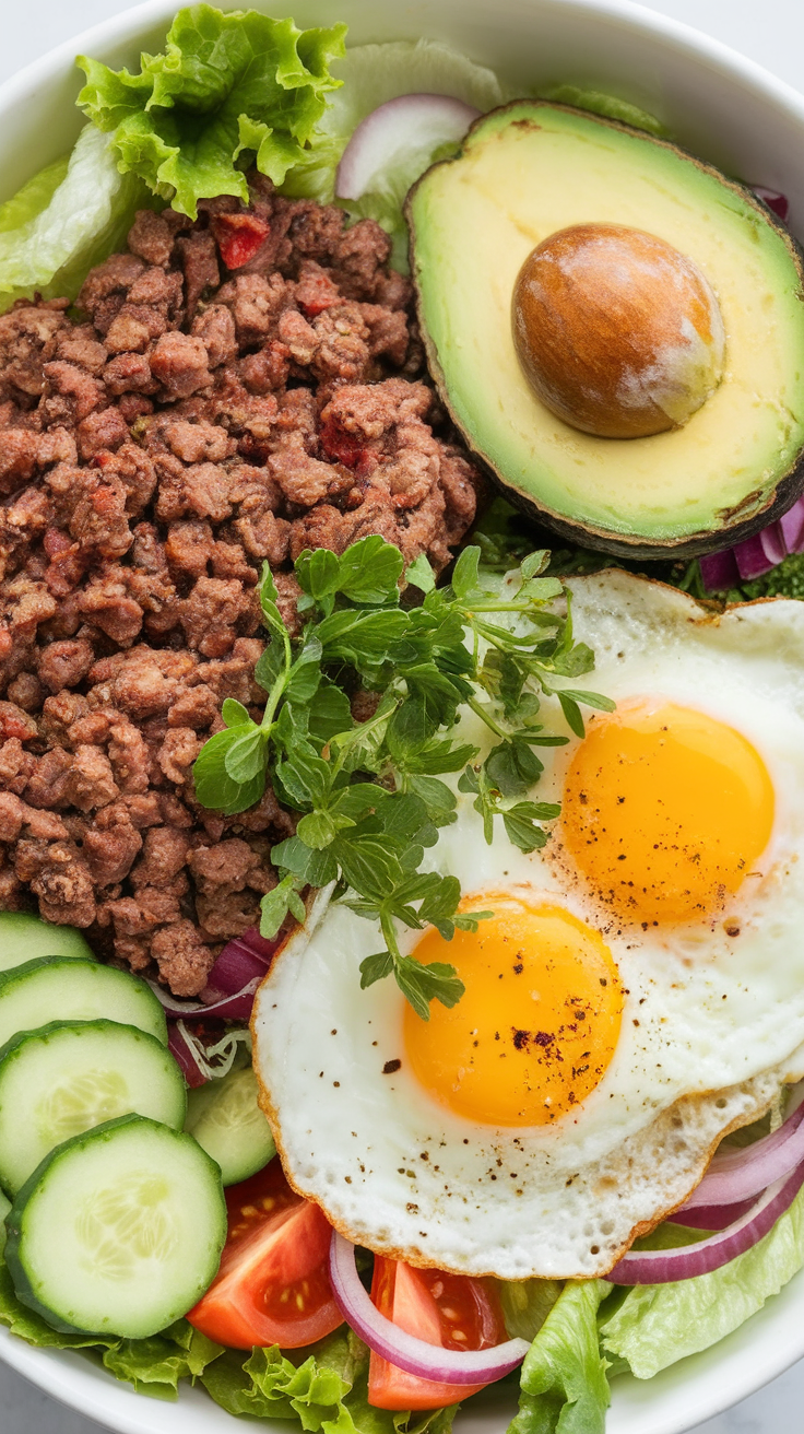 A colorful breakfast bowl with ground beef, avocado, eggs, and fresh vegetables.