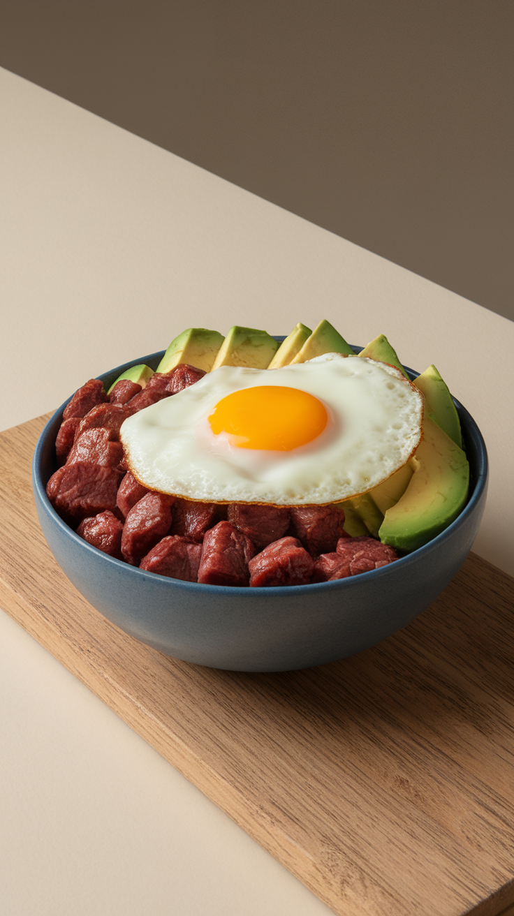 A bowl filled with beef, avocado slices, and a sunny-side-up egg on top.