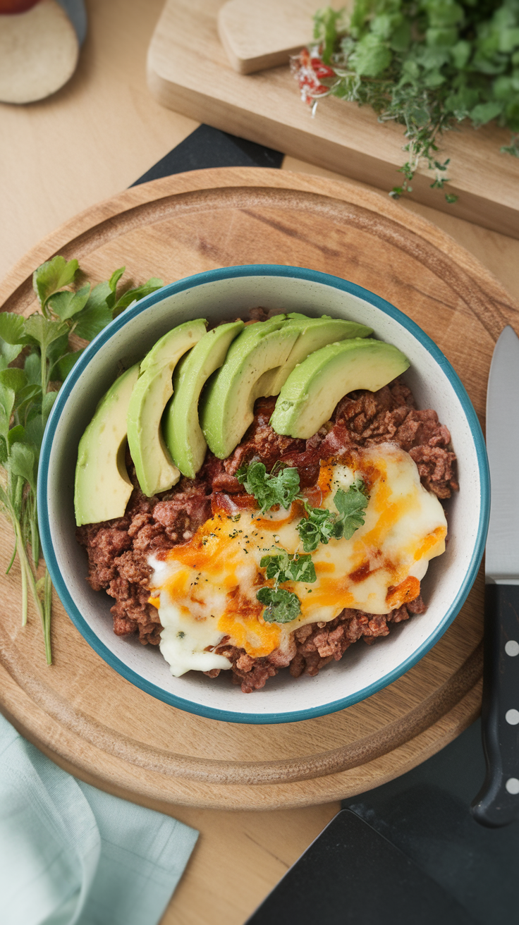 A delicious breakfast bowl with ground beef, avocado slices, and melted cheese.