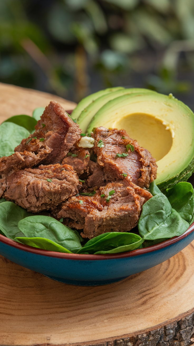 A bowl with beef, avocado, and spinach