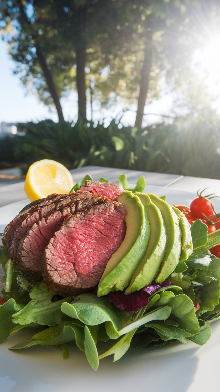 A delicious breakfast salad featuring sliced beef, avocado, and fresh greens, with a lemon wedge on the side.