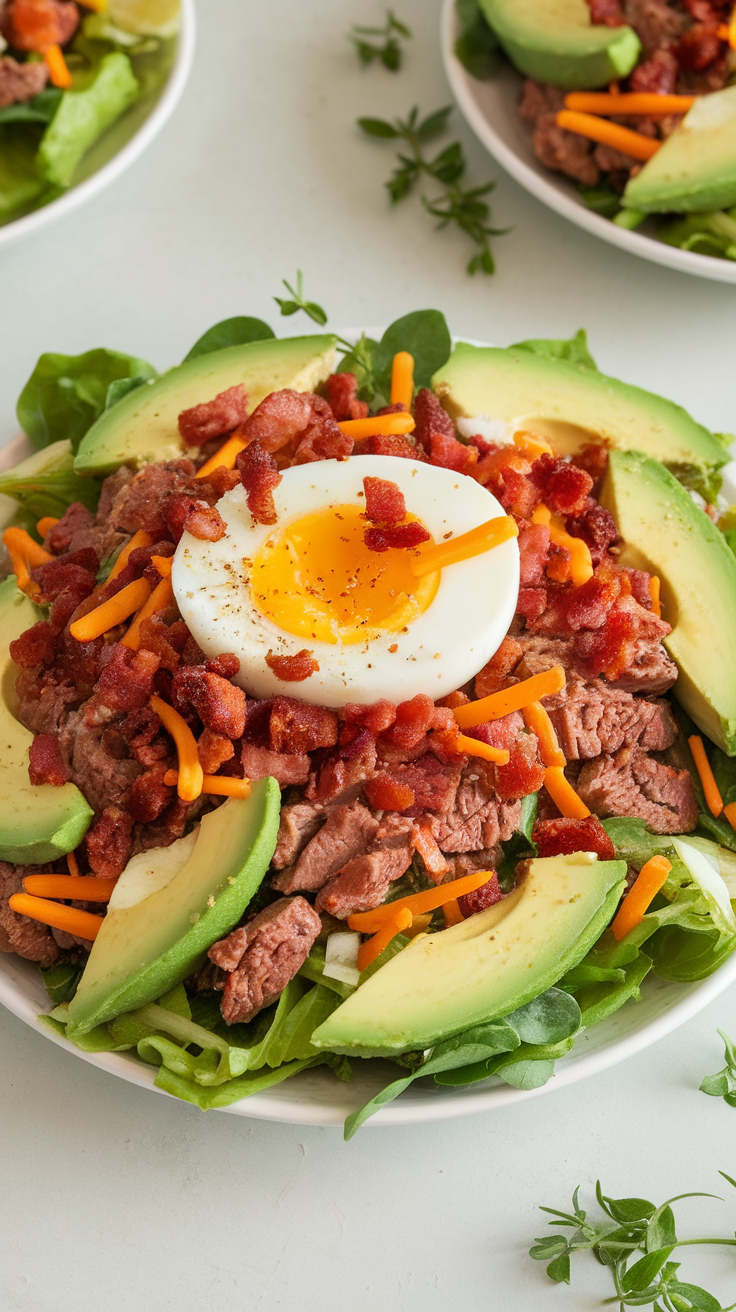 A delicious breakfast salad featuring beef, avocado, cheese, and a soft-boiled egg.