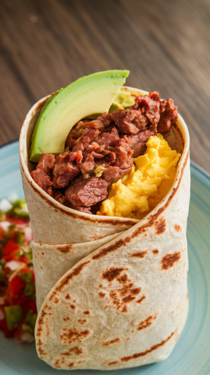 A close-up view of a beef and avocado breakfast wrap with scrambled eggs and a slice of avocado on top.