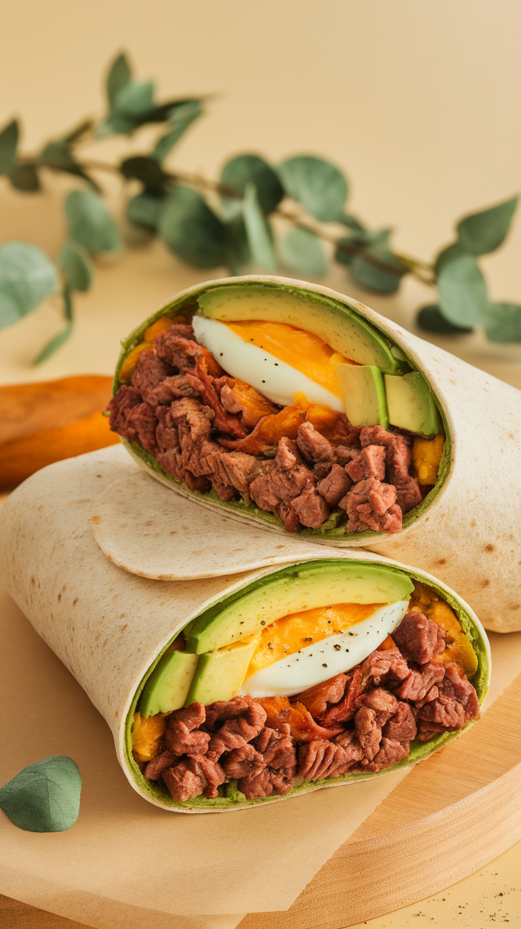 A delicious beef and avocado breakfast wrap cut in half, showcasing layers of beef, avocado, and egg.