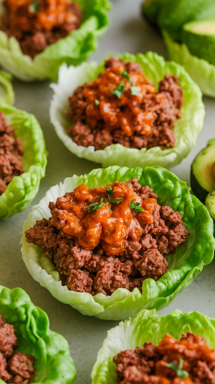 Beef and avocado lettuce cups filled with ground beef and sauce.