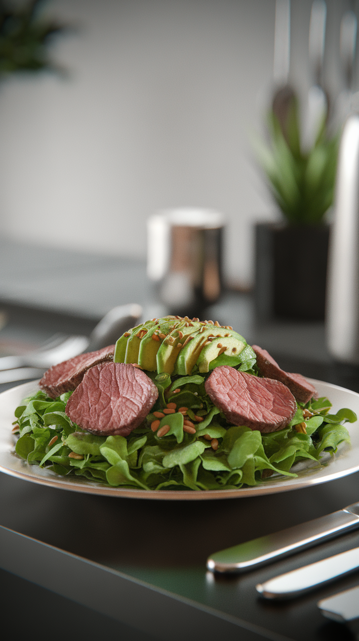 A colorful beef and avocado salad on a plate, showcasing fresh greens topped with sliced beef and avocado.