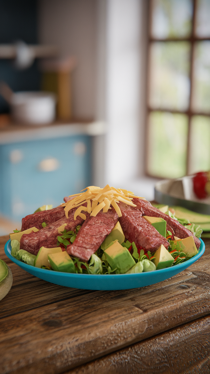 Beef and Avocado Salad with Cheese displayed on a wooden table