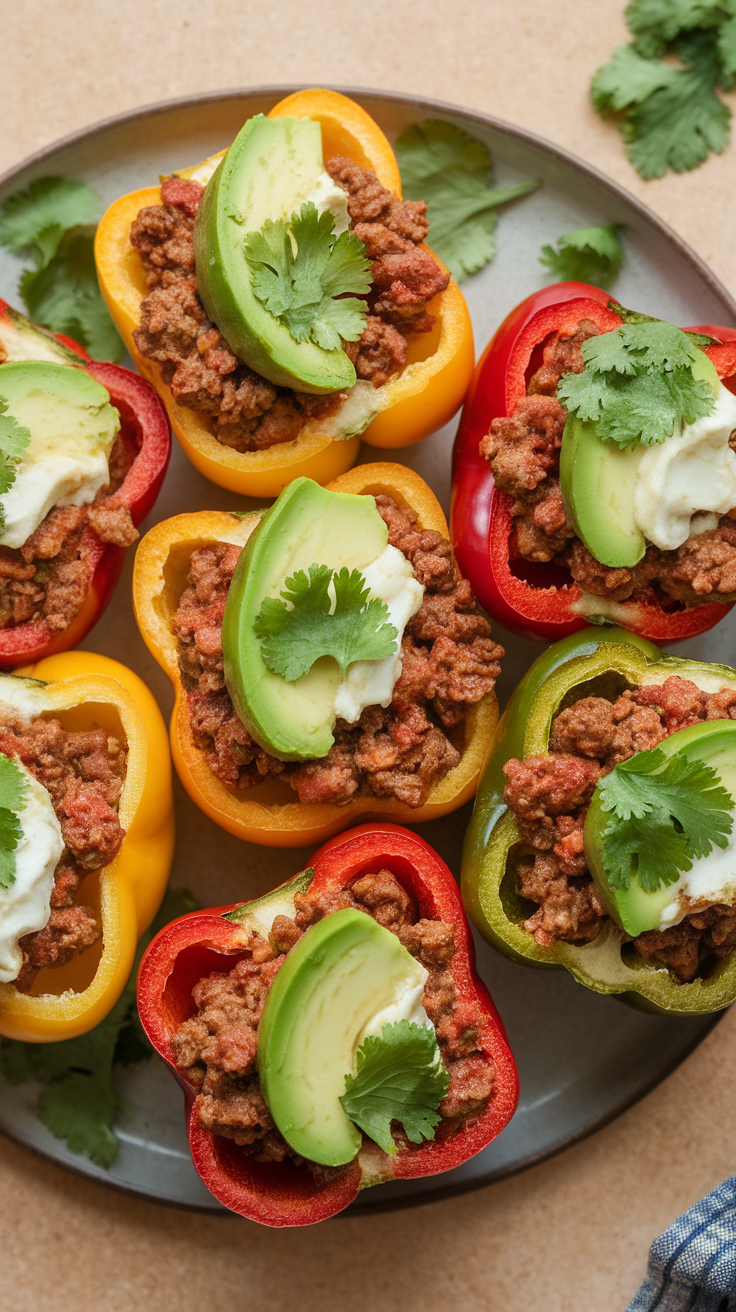 Colorful bell peppers stuffed with beef, avocado, and topped with cilantro