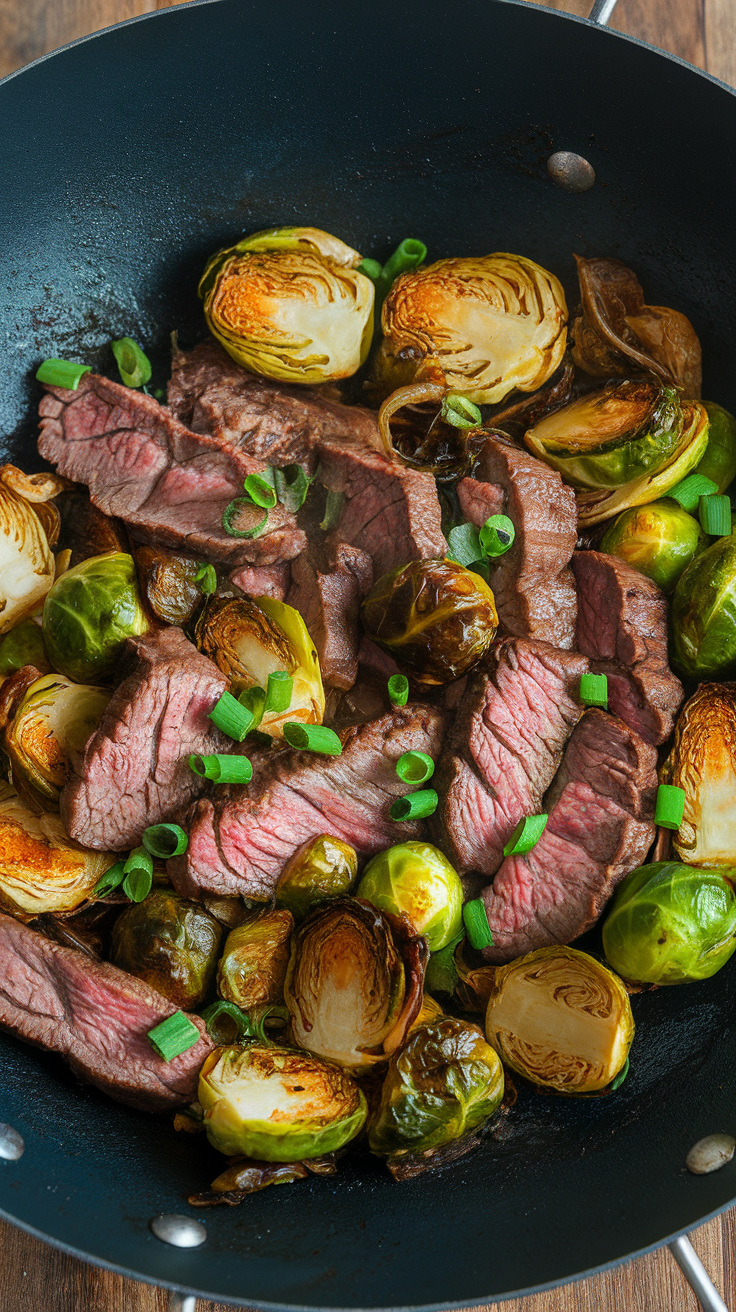 A stir-fry dish with beef and Brussels sprouts in a black skillet.