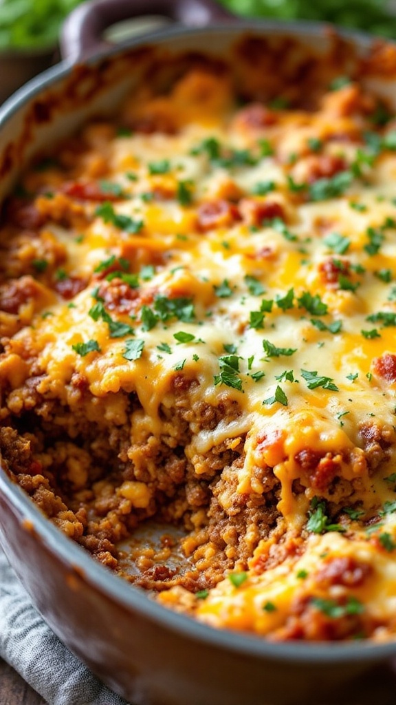 A delicious beef and cauliflower rice casserole topped with melted cheese and parsley