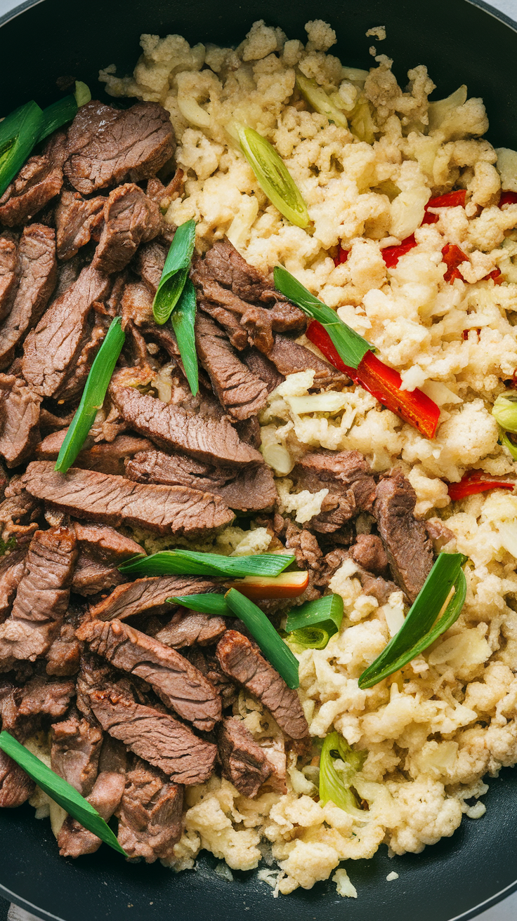 A delicious stir-fry with sliced beef and cauliflower rice seasoned with green onions.