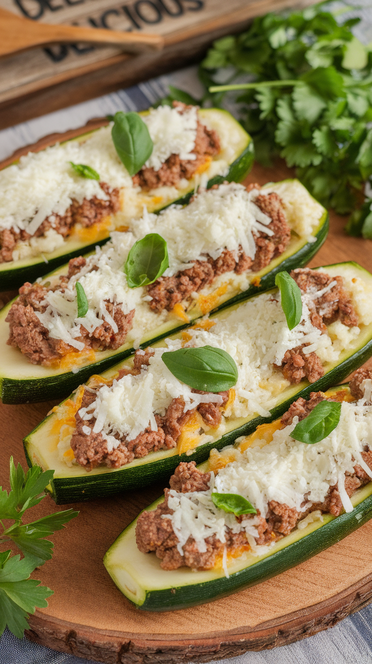 Zucchini boats stuffed with beef and cauliflower rice, topped with cheese and basil.