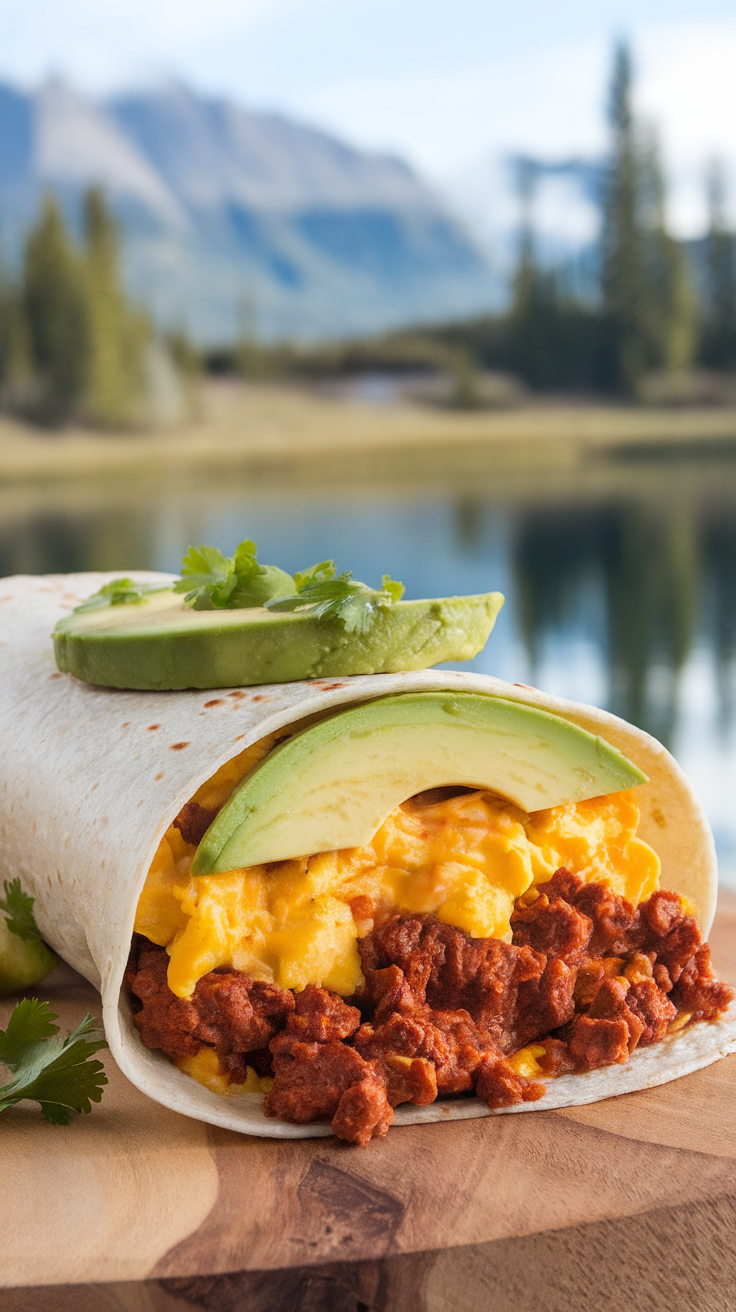 A delicious beef and egg breakfast burrito with avocado slices on top, placed on a wooden surface with a scenic background.